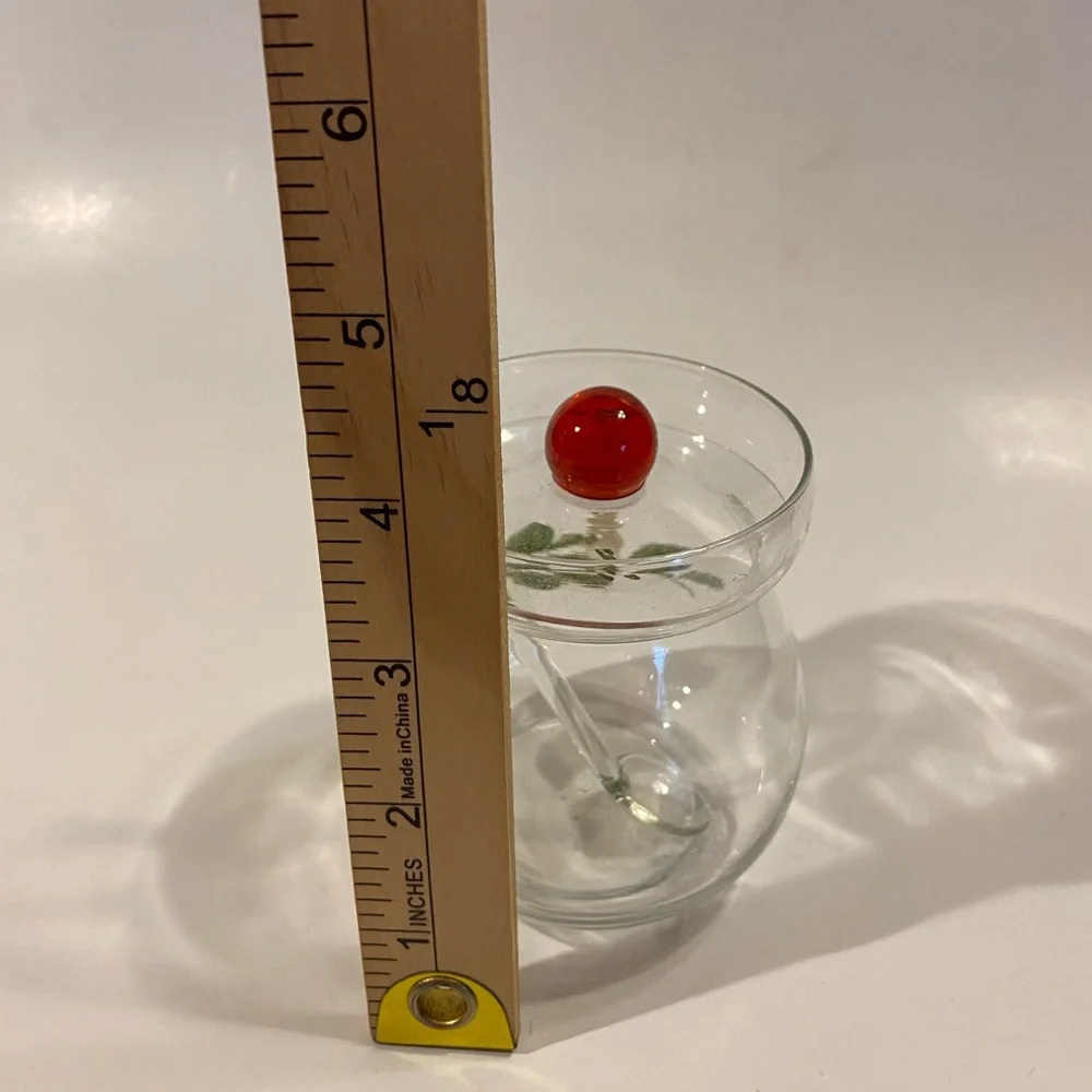 Vintage Hand-Painted Glass Honey Jar with Glass Dipper & Red Ball Finial Lid